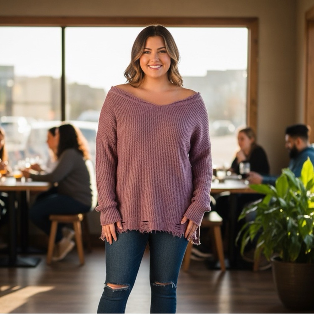 Zenana Outfitters V-Neck Sweater - Light Purple - Picture 2 of 2